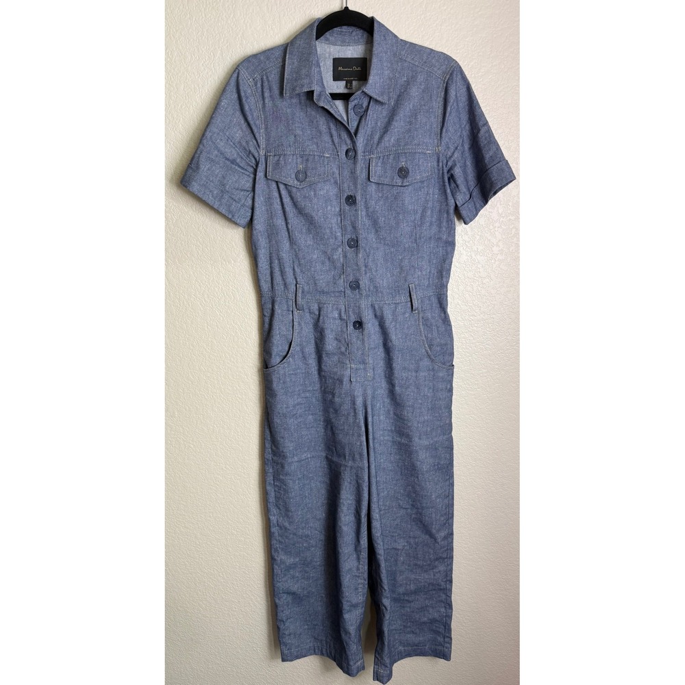 Massimo Dutti Largeβ Blue Denim Jumpsuit Short Sleeve Button Front Linen Romper